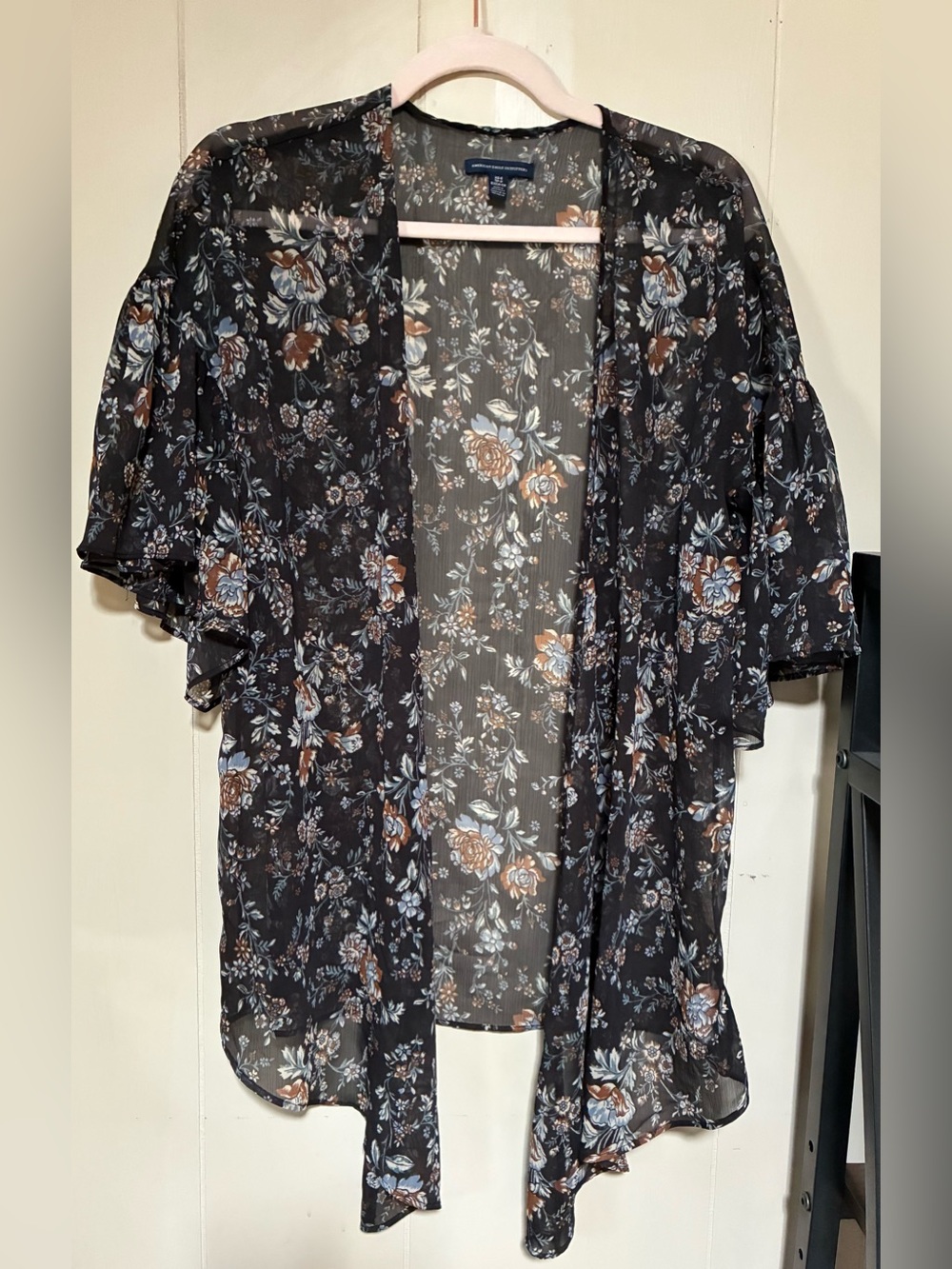 American Eagle Outfitters Navy Blue Sheer Floral Kimono - XS